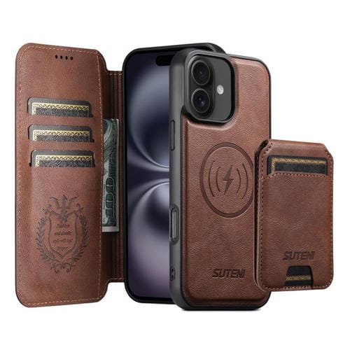 Funda de cuero Suteni Q05S2 3 en 1 con tapa vertical desmontable y función MagSafe para iPhone 16 (marrón)