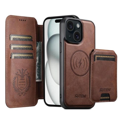 Funda de cuero Suteni Q05S2 3 en 1 con tapa vertical desmontable y función MagSafe para iPhone 15 Plus (marrón)
