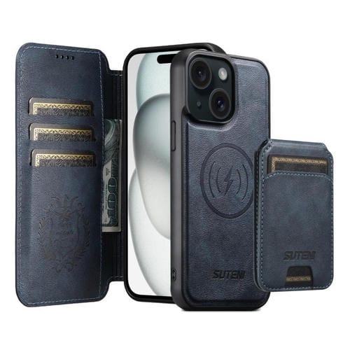 Funda de cuero Suteni Q05S2 3 en 1 con tapa vertical desmontable y función de cierre magnético para iPhone 15 Plus (azul)