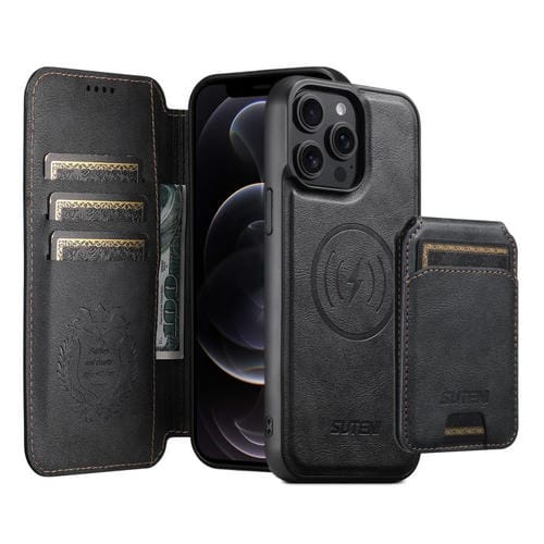 Funda de cuero Suteni Q05S2 3 en 1 con tapa vertical desmontable y función de cierre magnético para iPhone 12 Pro (negro)
