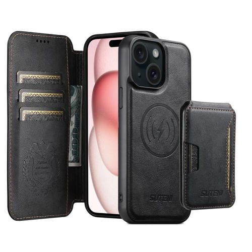 Funda de cuero Suteni Q05S3 3 en 1 con tapa vertical desmontable y función MagSafe para iPhone 15 Plus (negra)