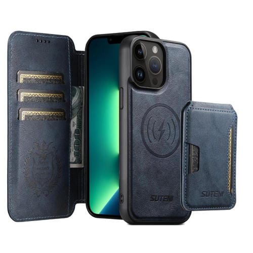 Funda de cuero Suteni Q05S3 3 en 1 con tapa vertical desmontable y función de cierre magnético para iPhone 13 Pro Max (azul)