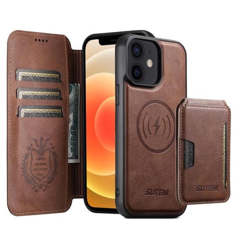 Funda de cuero Suteni Q05S3 3 en 1 con tapa vertical desmontable y función MagSafe para iPhone 12 (marrón)