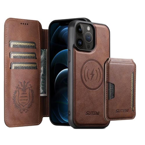 Funda de cuero Suteni Q05S3 3 en 1 con tapa vertical desmontable y función MagSafe para iPhone 12 Pro Max (marrón)