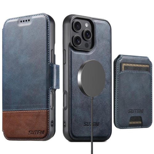 Funda de cuero Suteni Q06S2 3 en 1 con tapa vertical desmontable y cierre MagSafe para iPhone 16 Pro (azul)