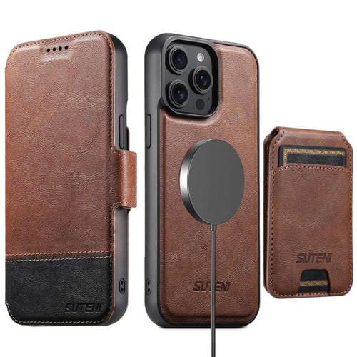 Funda de cuero Suteni Q06S2 3 en 1 con tapa vertical desmontable y cierre MagSafe para iPhone 14 Pro Max (marrón)