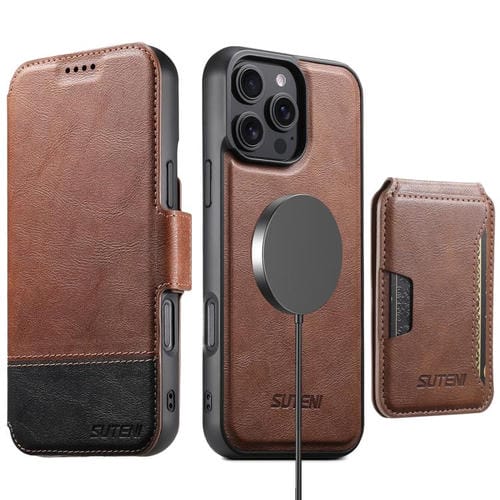 Funda de cuero Suteni Q06S3 3 en 1 con tapa vertical desmontable y cierre magnético para iPhone 16 Pro (marrón)