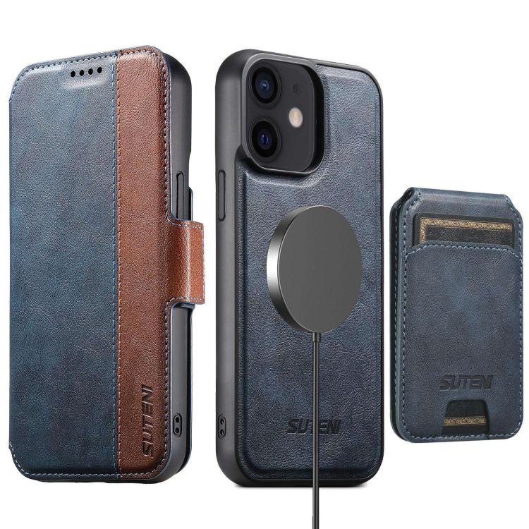 Funda de cuero Suteni Q07S2 3 en 1 con tapa vertical desmontable y cierre MagSafe para iPhone 12 (azul)