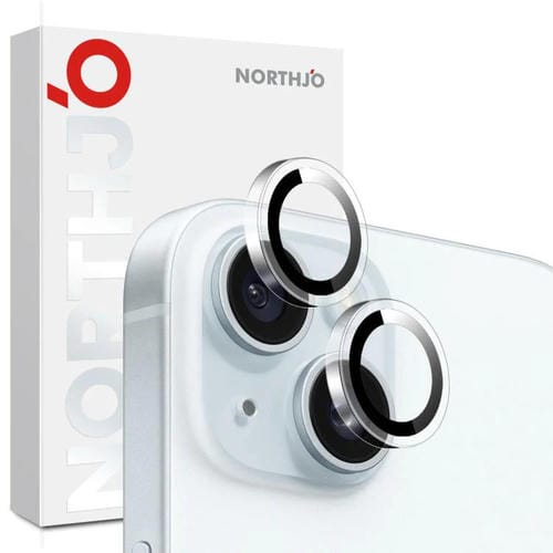 Protector de lente de cámara NORTHJO para iPhone 15/15 Plus, película de vidrio templado con anillo transparente (transparente)
