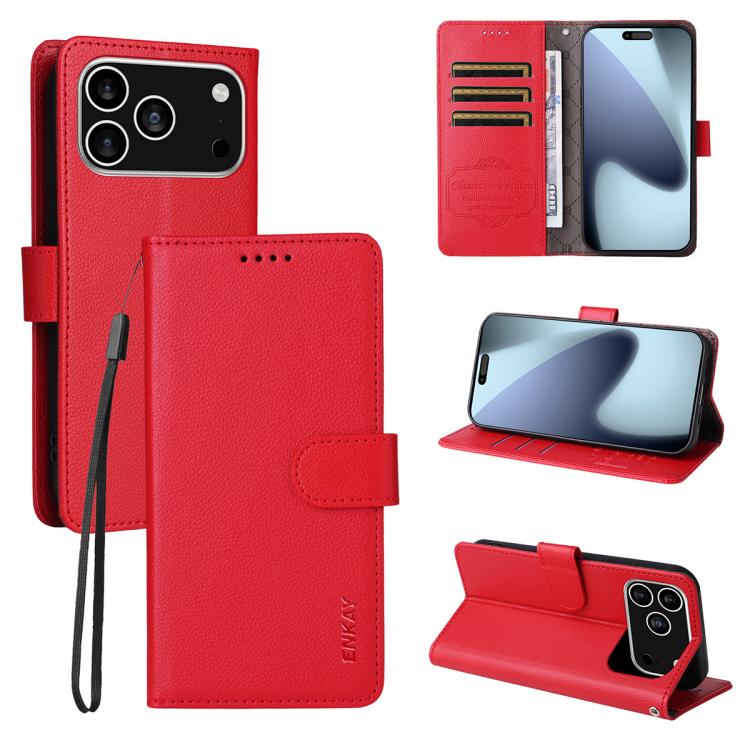 ENKAY - Funda de piel con textura de lichi y bloqueo RFID para iPhone 17 Pro (roja)