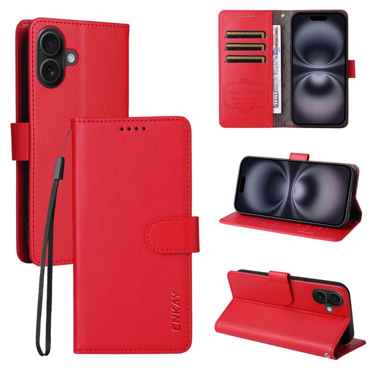 ENKAY - Funda de piel con textura de lichi y bloqueo RFID para iPhone 17 (roja)