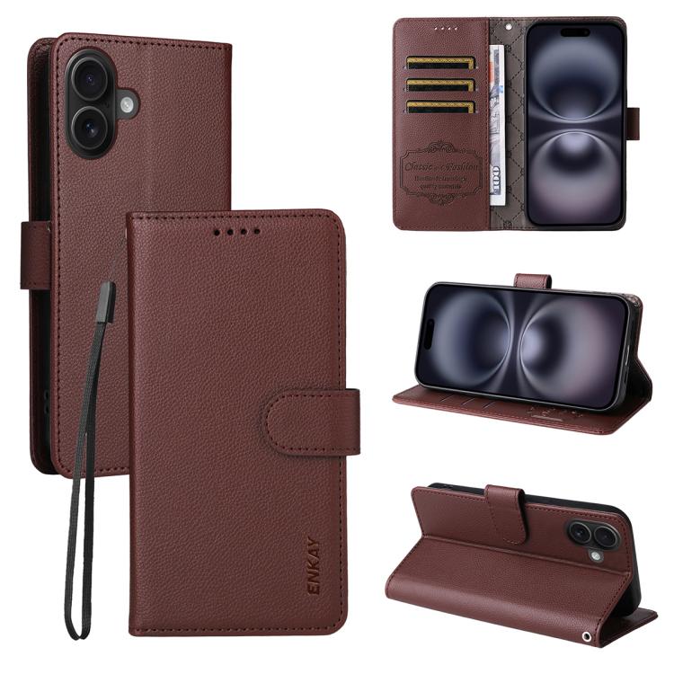 ENKAY - Funda de piel con textura de lichi y bloqueo RFID para iPhone 17 (marrón)