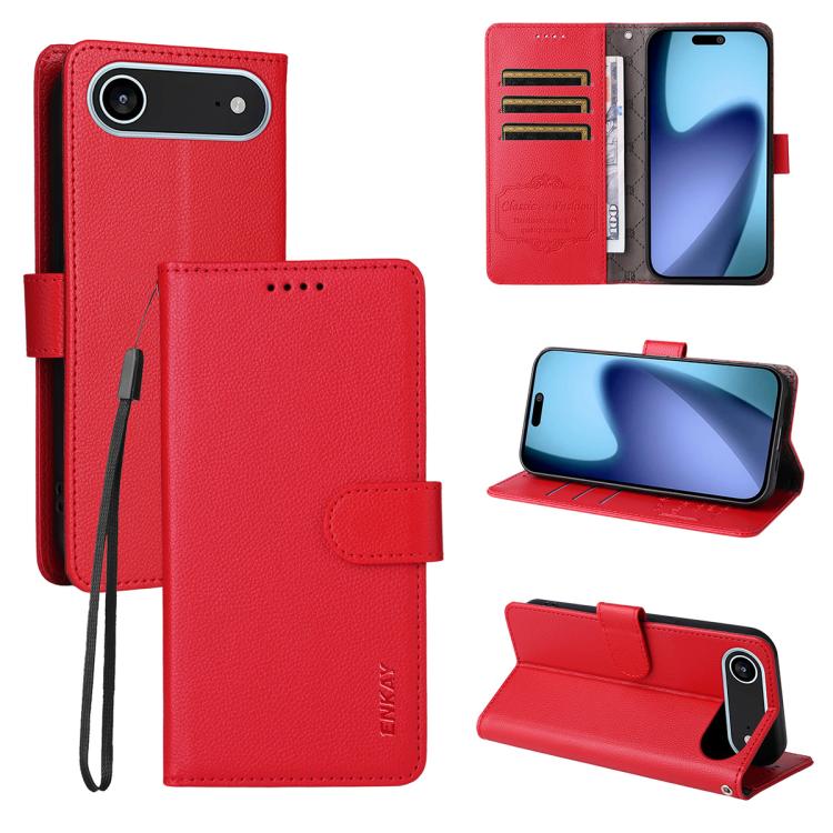 ENKAY - Funda de piel con textura de lichi y bloqueo RFID para iPhone 17 Air (roja)