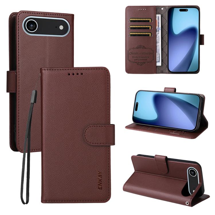 ENKAY - Funda de piel con textura de lichi y función atril para iPhone 17 Air (marrón)