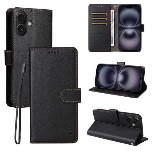 ENKAY - Funda de piel con textura de lichi y bloqueo RFID para iPhone 16 Plus (negro)