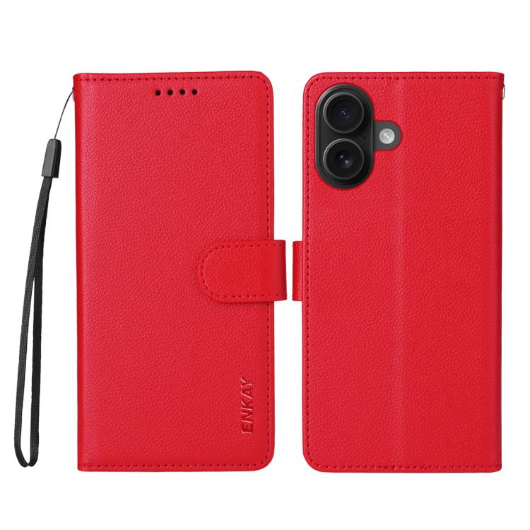 ENKAY - Funda de piel con textura de lichi y bloqueo RFID para iPhone 16 Plus (roja)