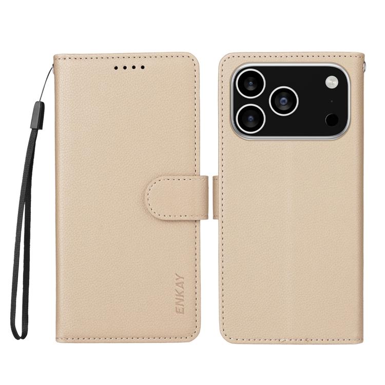 ENKAY - Funda de piel con textura de lichi y bloqueo RFID para iPhone 16e (beige)