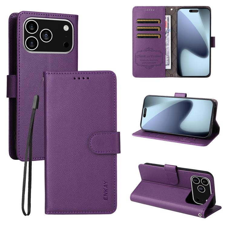 ENKAY - Funda de piel con textura de lichi y bloqueo RFID para iPhone 16e (morado)