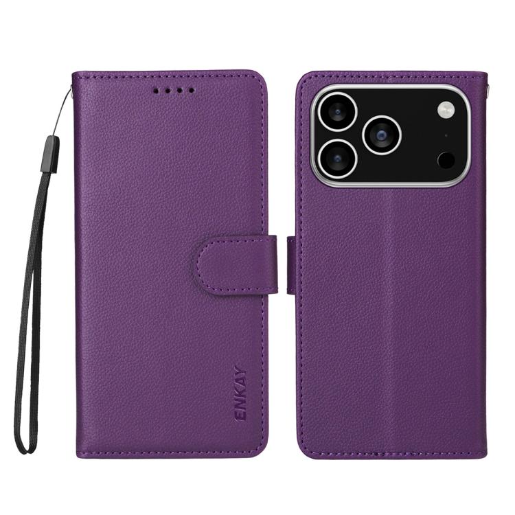 ENKAY - Funda de piel con textura de lichi y bloqueo RFID para iPhone 16e (morado)