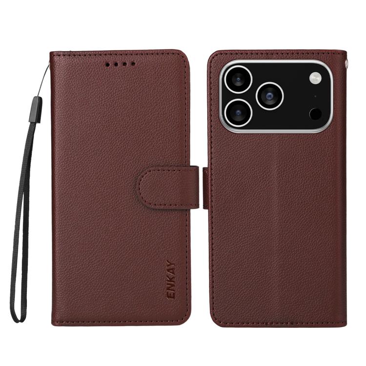 ENKAY - Funda de piel con textura de lichi y bloqueo RFID para iPhone 16e (marrón)