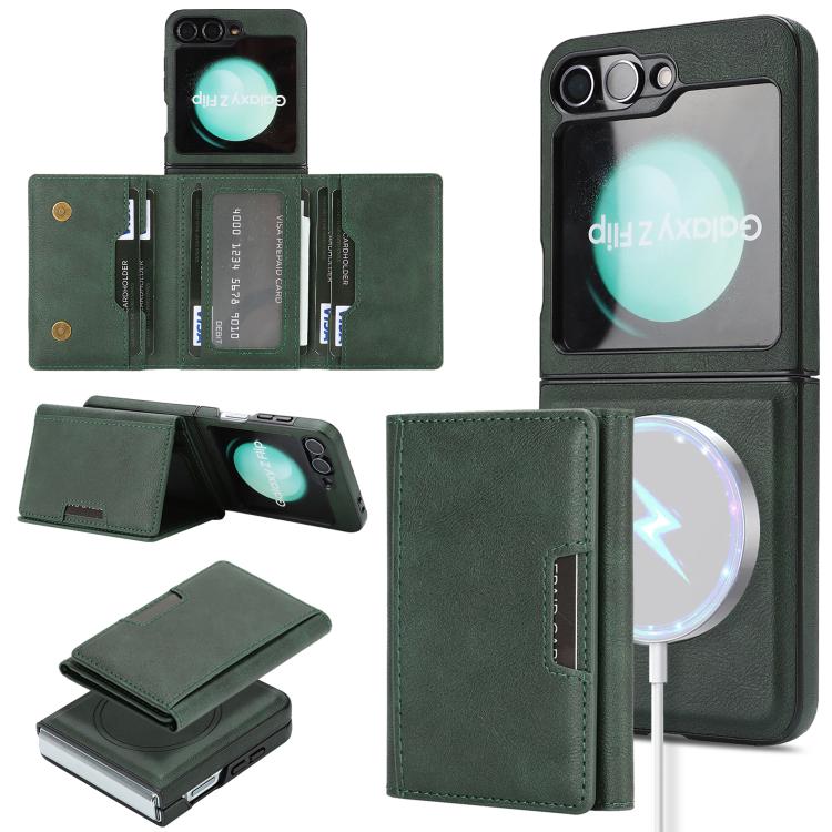 Funda de cuero con tres pliegues y adhesivo lateral para Samsung Galaxy Z Flip6 (verde)
