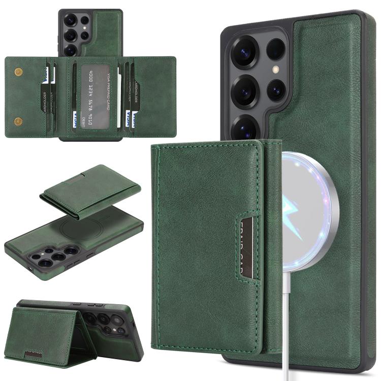 Funda de cuero con tres pliegues y adhesivo lateral para Samsung Galaxy S24 Ultra 5G (verde)