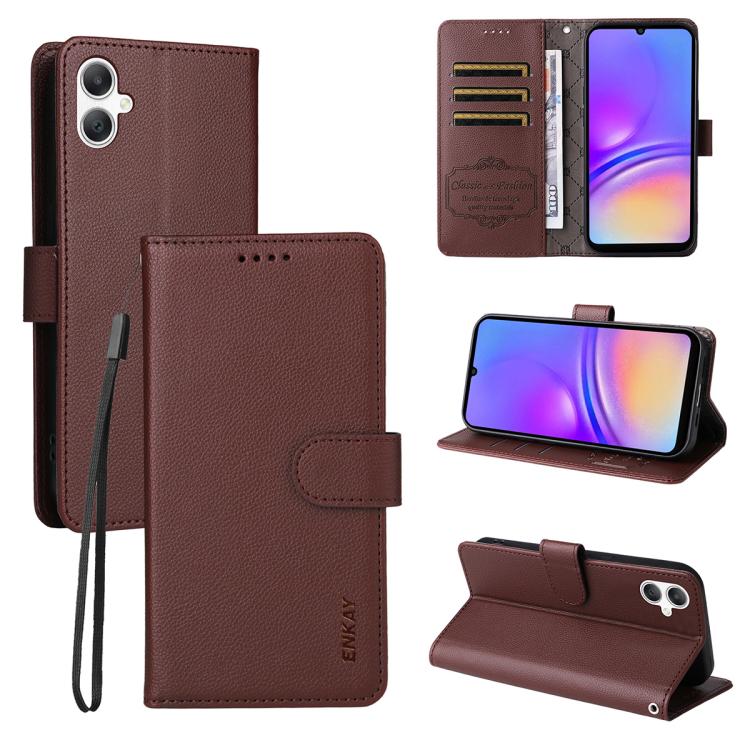 ENKAY - Funda de piel con textura de lichi y funciĂłn atril para Samsung Galaxy A07 4G (marrĂłn)