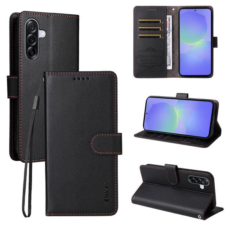 ENKAY - Funda de piel con textura de lichi y funciĂłn atril para Samsung Galaxy A56 5G (negro)