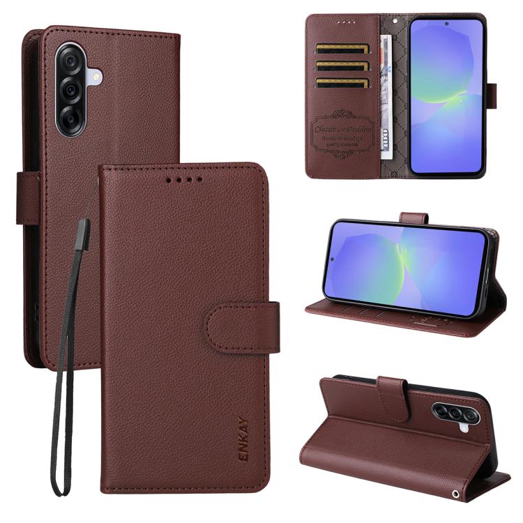 ENKAY - Funda de piel con textura de lichi y funciĂłn atril para Samsung Galaxy A56 5G (marrĂłn)