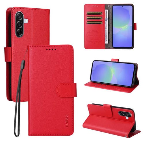 Funda de cuero con textura de lichi y soporte para Samsung Galaxy A36 5G / A36 5G JP ENKAY con bloqueo RFID (rojo)