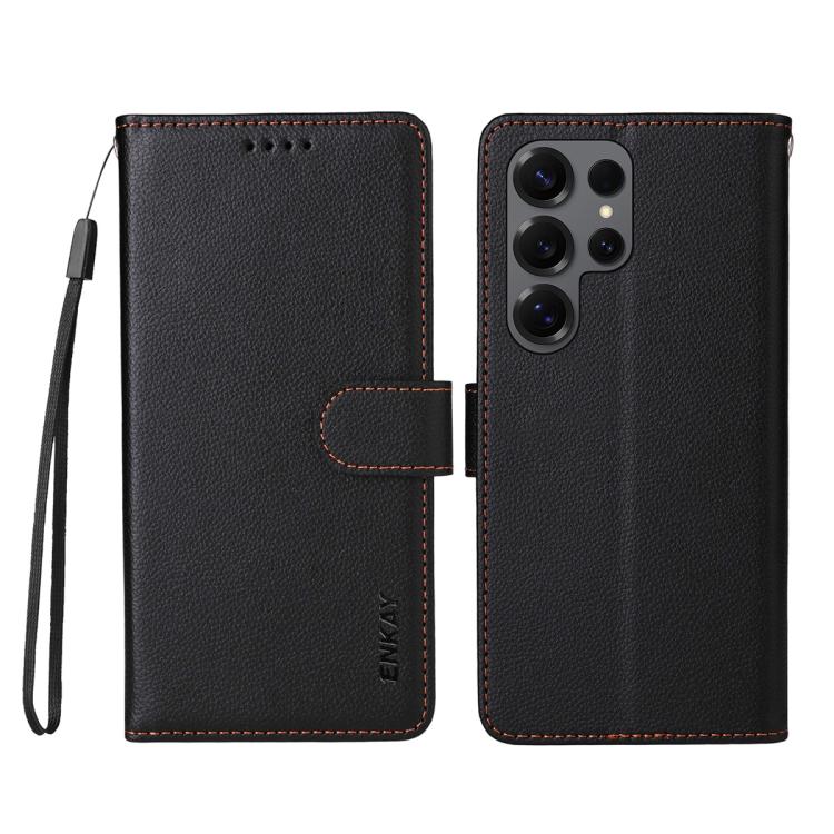ENKAY - Funda de piel con textura de lichi y funciĂłn atril para Samsung Galaxy S25 Ultra 5G (negro)