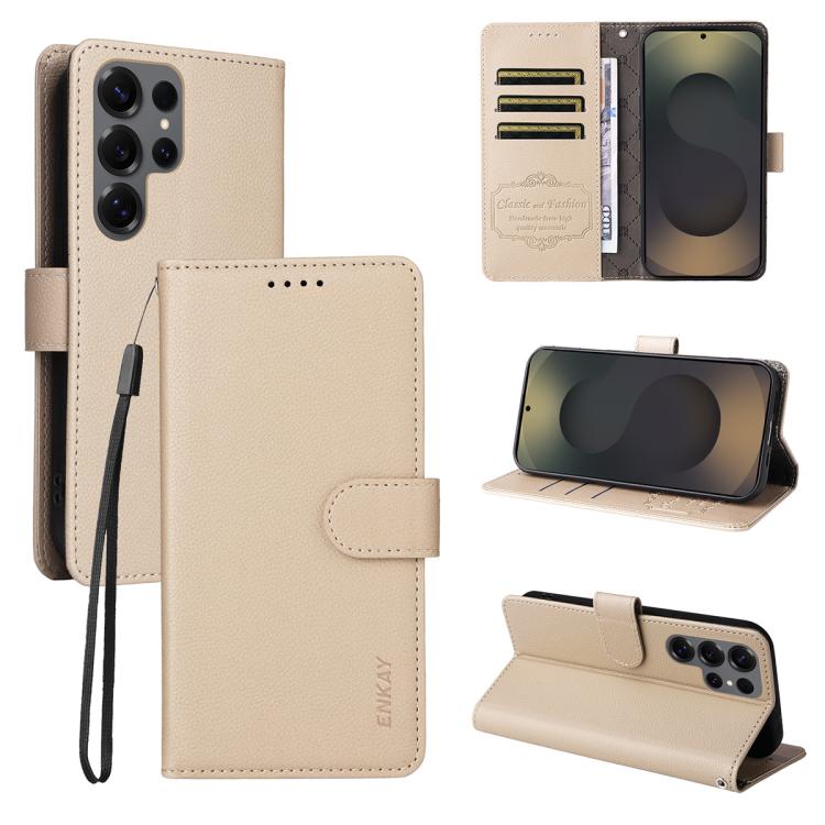 ENKAY - Funda de piel con textura de lichi y funciĂłn atril para Samsung Galaxy S25 Ultra 5G (beige)