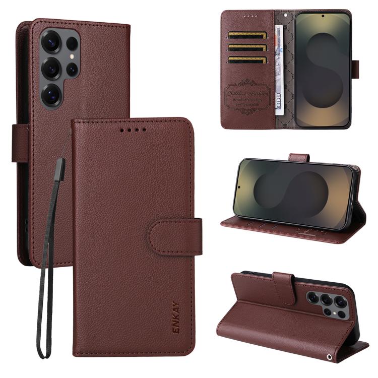 ENKAY - Funda de piel con textura de lichi y funciĂłn atril para Samsung Galaxy S25 Ultra 5G (marrĂłn)