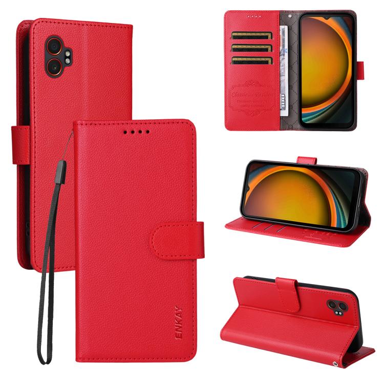ENKAY - Funda de piel con textura de lichi y funciĂłn atril para Samsung Galaxy Xcover7 Pro (roja)
