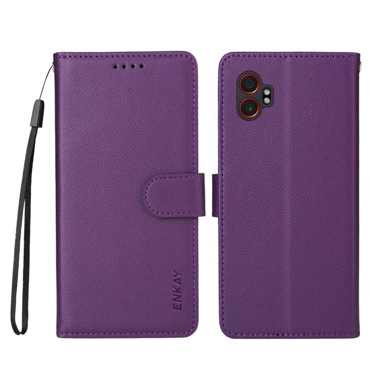 ENKAY - Funda de piel con textura de lichi y funciĂłn atril para Samsung Galaxy Xcover7 Pro (morado)