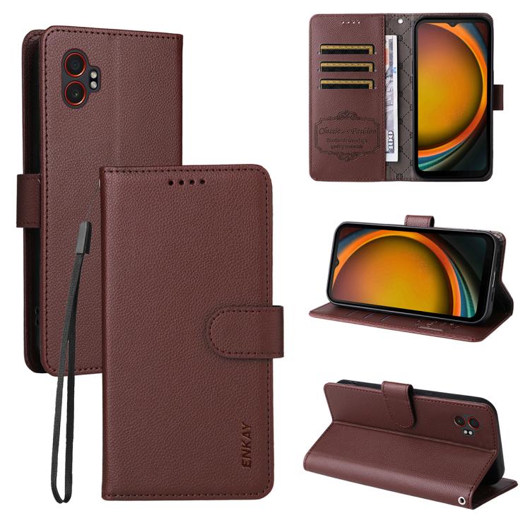 ENKAY - Funda de piel con textura de lichi y funciĂłn atril para Samsung Galaxy Xcover7 Pro (marrĂłn)