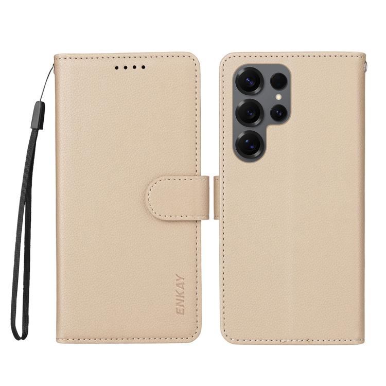 ENKAY - Funda de piel con textura de lichi y funciĂłn atril para Samsung Galaxy S24 Ultra 5G (beige)