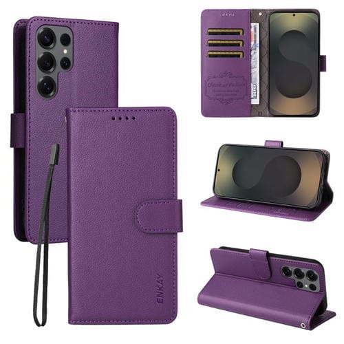 ENKAY - Funda de piel con textura de lichi y función atril para Samsung Galaxy S24 Ultra 5G (morado)
