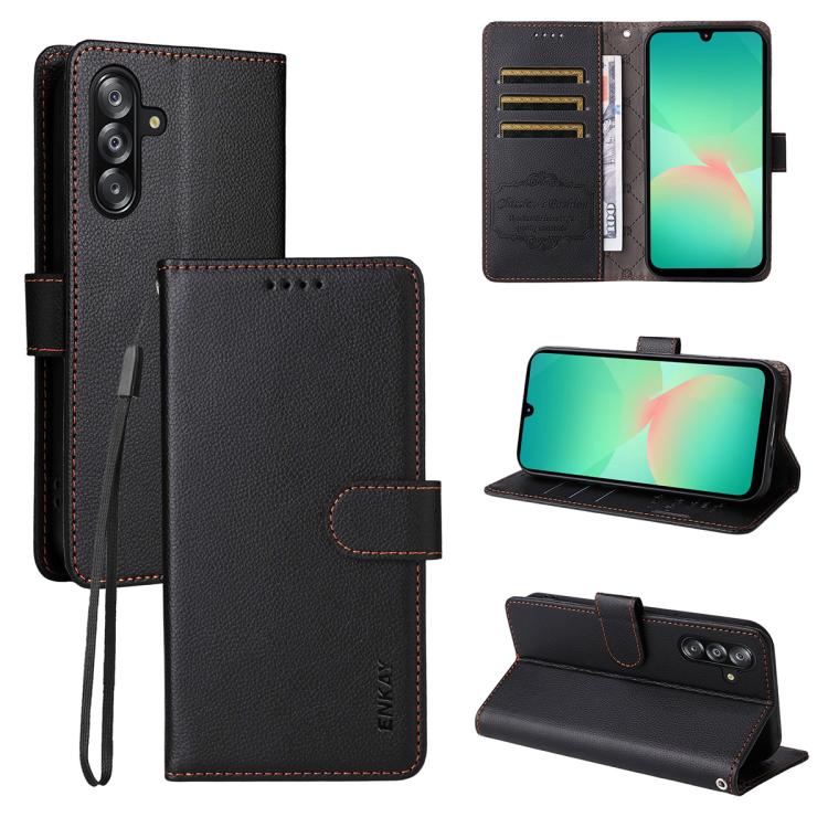 ENKAY - Funda de piel con textura de lichi y funciĂłn atril para Samsung Galaxy A17 5G / A26 5G / A16 (negro)