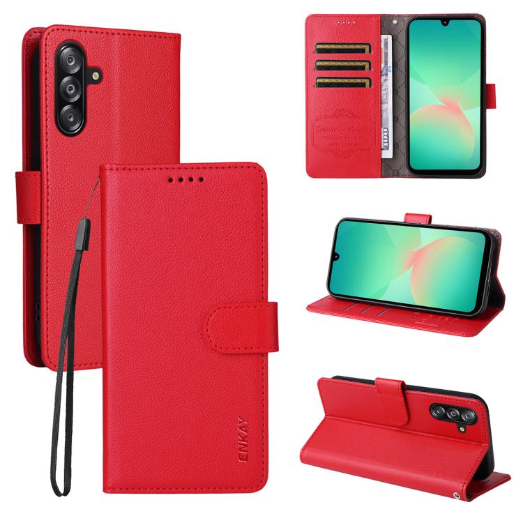 ENKAY - Funda de piel con textura de lichi y funciĂłn atril para Samsung Galaxy A17 5G / A26 5G / A16 (roja)