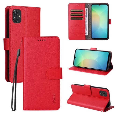 ENKAY - Funda de piel con textura de lichi y función atril para Samsung Galaxy A06 4G/5G (color rojo)