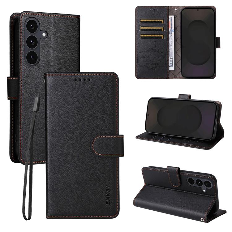 ENKAY - Funda de piel con textura de lichi y funciĂłn atril para Samsung Galaxy S25+ / S24+ 5G (negro)