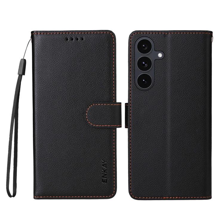 ENKAY - Funda de piel con textura de lichi y funciĂłn atril para Samsung Galaxy S25+ / S24+ 5G (negro)