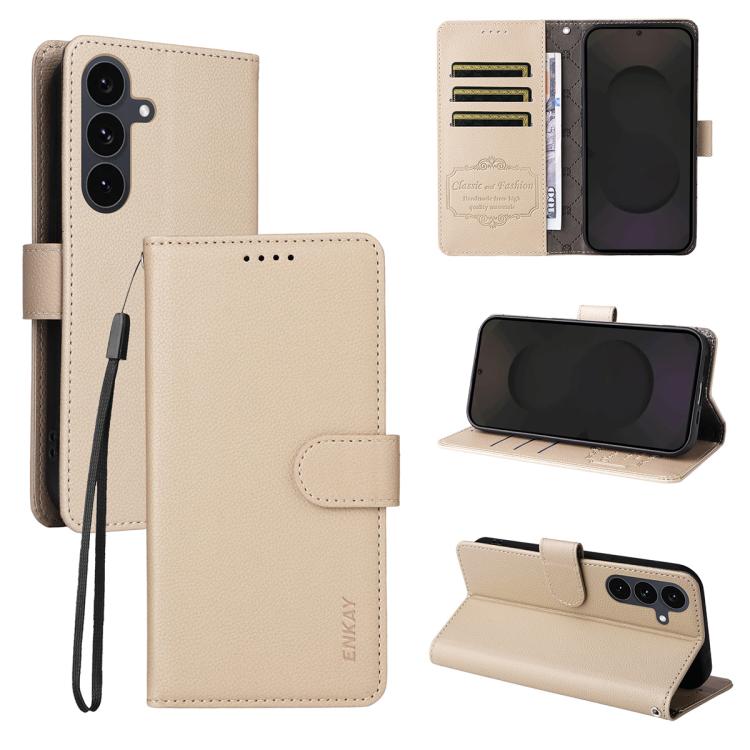 ENKAY - Funda de piel con textura de lichi y funciĂłn atril para Samsung Galaxy S25+ / S24+ 5G (beige)