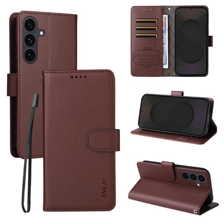 ENKAY - Funda de piel con textura de lichi y funciĂłn atril para Samsung Galaxy S25+ / S24+ 5G (marrĂłn)