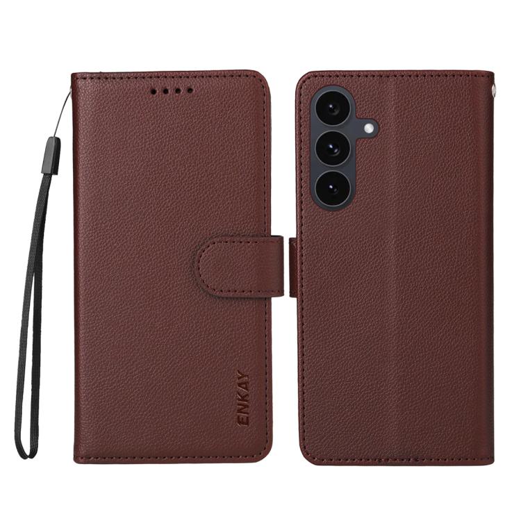 ENKAY - Funda de piel con textura de lichi y funciĂłn atril para Samsung Galaxy S25+ / S24+ 5G (marrĂłn)