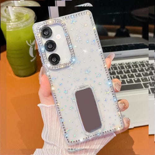 Funda de TPU con purpurina y diamantes de imitaciĂłn para Samsung Galaxy A17 5G, anticaĂda, con 4 esquinas y soporte (Estrellas transparentes)