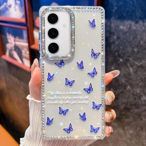 Funda a prueba de golpes con diseño de mariposa y brillo de diamante para Samsung Galaxy S24 5G (Mariposa azul B4)