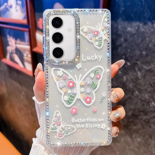 Funda a prueba de golpes con diseño de mariposa y brillo de diamante para Samsung Galaxy S24+ 5G (Flor Mariposa B3)