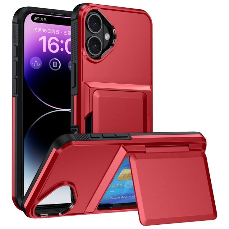 Funda abatible para iPhone 16 con tarjetero, a prueba de golpes, color rojo